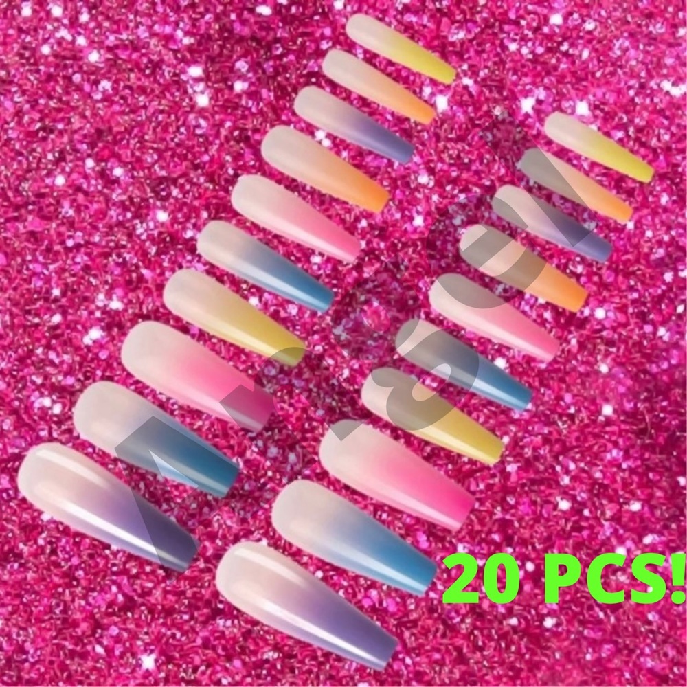 NEW Pastel French Tip Rainbow Ombre Coffin Rounded Square Press On Nails Set
